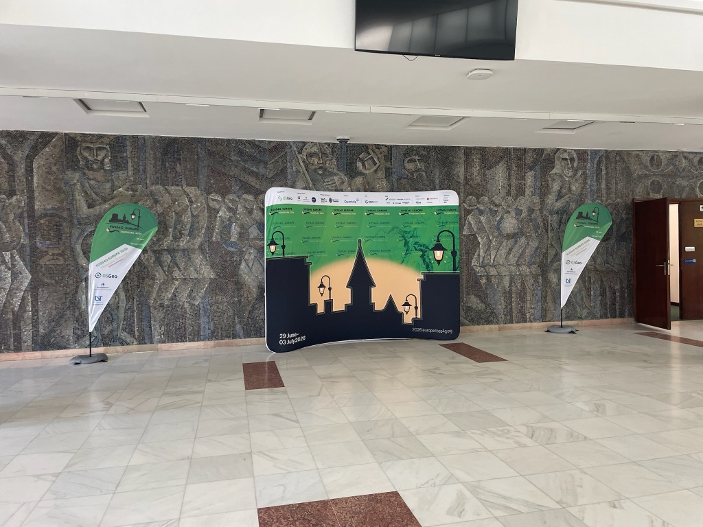 FOSS4G Europe 2026 branding backdrop in Timișoara